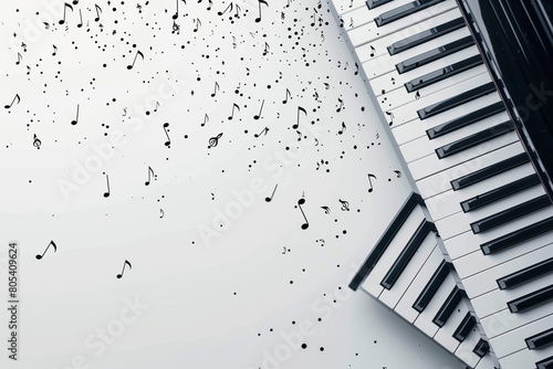 Capture a composition of piano keys with scattered black musical notes on a white surface  highlighting the essence of musical composition.