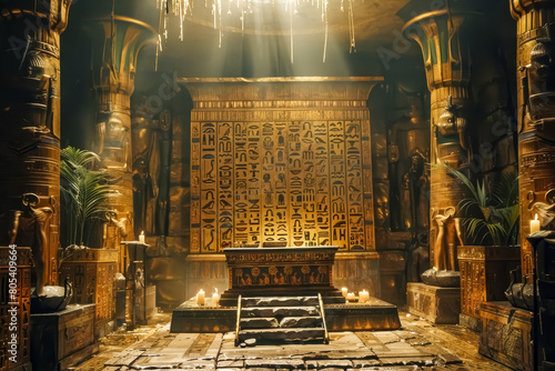 The opulent beauty of a pharaohs tomb, with hieroglyphics and golden treasures photo