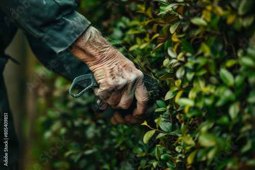 Old man trimming hedge with electric garden scissors, focus on hands, closeup © artemstepanov