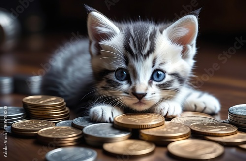 The kitten is lying on a metal coins © Kseniya Ananko