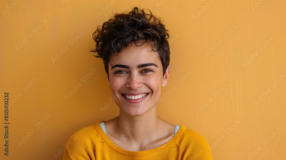 A woman with short hair and a yellow sweater is smiling A woman with short hair and a yellow sweater is smiling