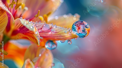A captivating macro photograph of an April raindrop glistening on a delicate petal, reflecting the vibrant colors of the surrounding spring flowers
