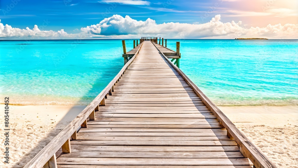 A Beautiful Wooden Pier Extending Into the Ocean on a Vibrant Sunny Day