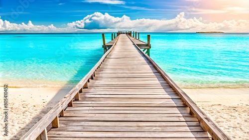 A Beautiful Wooden Pier Extending Into the Ocean on a Vibrant Sunny Day
