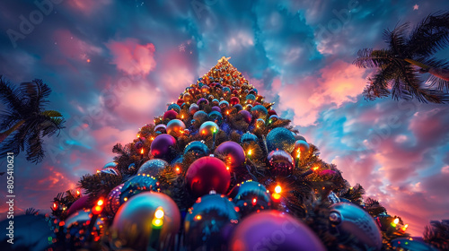 A towering pine tree adorned with colorful ornaments and twinkling lights