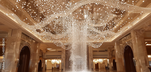 A grandiose crystal waterfall jhoomer cascading from the ceiling of a luxury hotel lobby photo