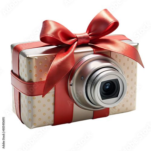 Gift concept digital camera inside gift box 3D rendering