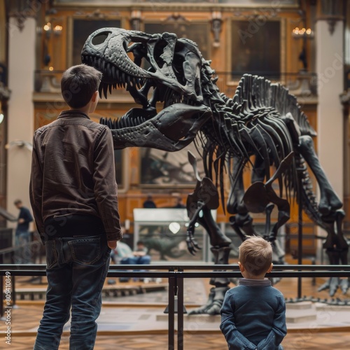 Dad and boy watching dinosaur skeleton in museum © artemstepanov