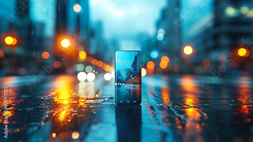 A minimalist mobile phone similar to the Samsung S24 Ultra, against a blurred urban landscape hinting at futuristic design photo