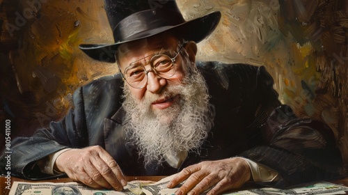 oil Painting of an Jewish Man with a Dollar Bill in his hand. AI Generative photo
