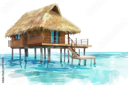 A charming illustration of a traditional Polynesian hut perched on stilts over the clear blue ocean  complete with a thatched roof and wooden deck.