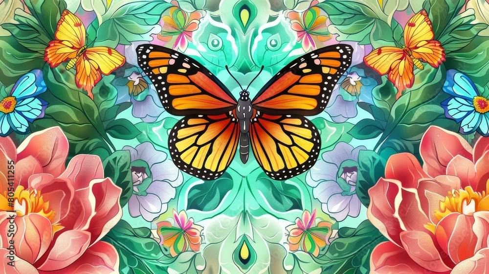 A vibrant butterfly amidst a kaleidoscope of symmetrical floral art A vibrant butterfly amidst a kaleidoscope of symmetrical floral art