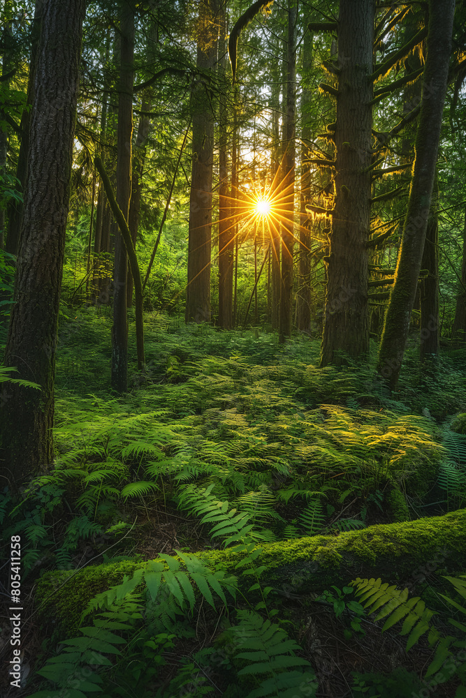 Fototapeta premium Magical sunrise peers through the dense forest, casting a warm glow over vibrant green ferns and ancient towering trees