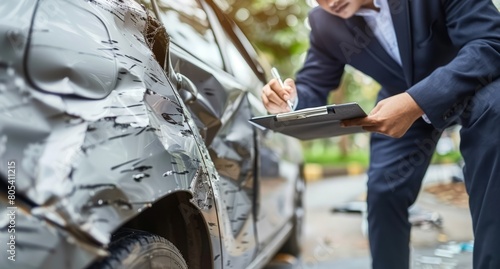 Insurance agent examining car after accident claim being assessed and processed
