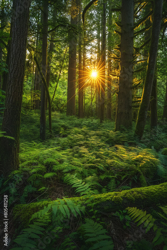 Magical sunrise peers through the dense forest  casting a warm glow over vibrant green ferns and ancient towering trees