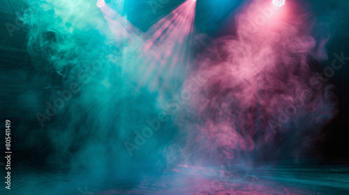 Soft rose pink smoke curling across a stage under a bright teal spotlight, casting a romantic, gentle glow.