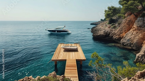 cinematographic, professional luxury real estate photography, wooden dock deck down of a cliff in Ibiza, tender boat at the deck, photo