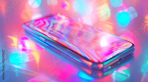 A mobile phone featuring a unique holographic display design, shimmering against a softly blurred abstract background, creating an otherworldly effect