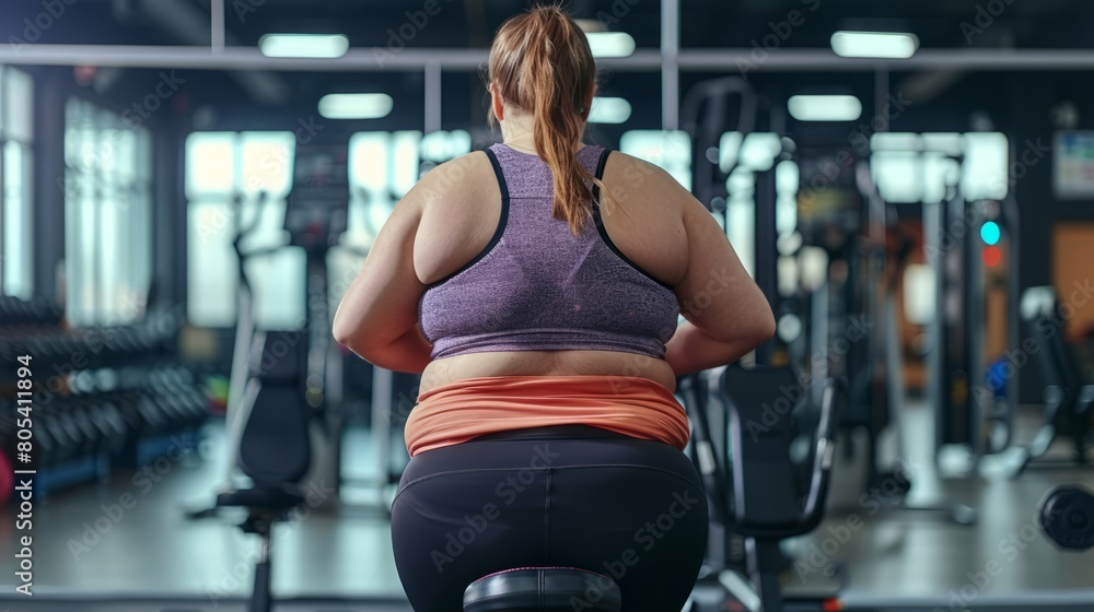 Back View of Overweight woman doing exercise in gym