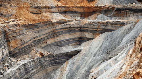 Closeup image of earth and stone textures at an open pit mine, focusing on the stratification and material composition, close-up