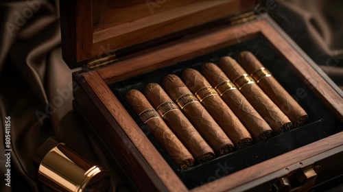 An open wooden box with luxury cigars without logos or brand. on black velvet, next to an expensive gold inlaid lighter