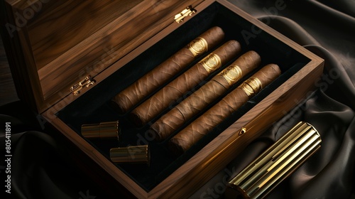 An open wooden box with luxury cigars without logos or brand. on black velvet, next to an expensive gold inlaid lighter