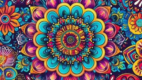 A vibrant colorful mandala design bursting with patterns