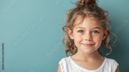 Smiling little girl with a messy top knot exudes joy and energy photo