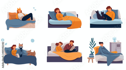 Set of different people sleeping on comfortable bed