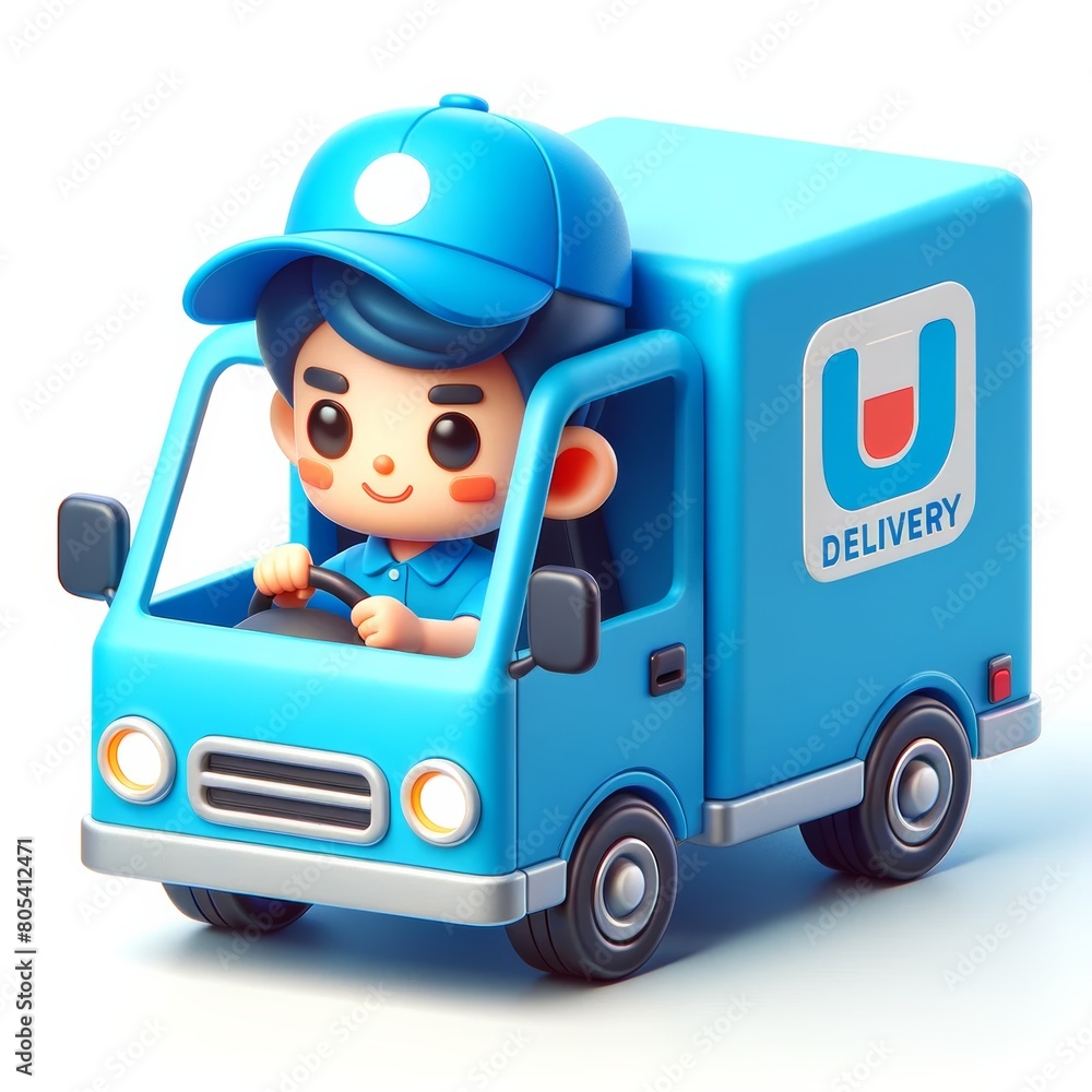 Cheerful Cartoon Delivery Boy Driving Delivery Van.
