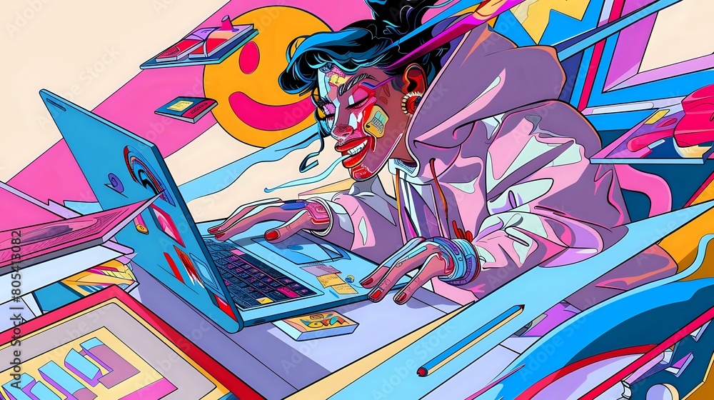 Blogger's Digital Realm: Woman at Laptop with Books and Emoji Blogger's Digital Realm: Woman at Laptop with Books and Emoji