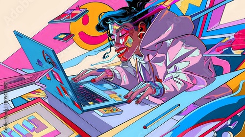 Wallpaper Mural Blogger's Digital Realm: Woman at Laptop with Books and Emoji Torontodigital.ca