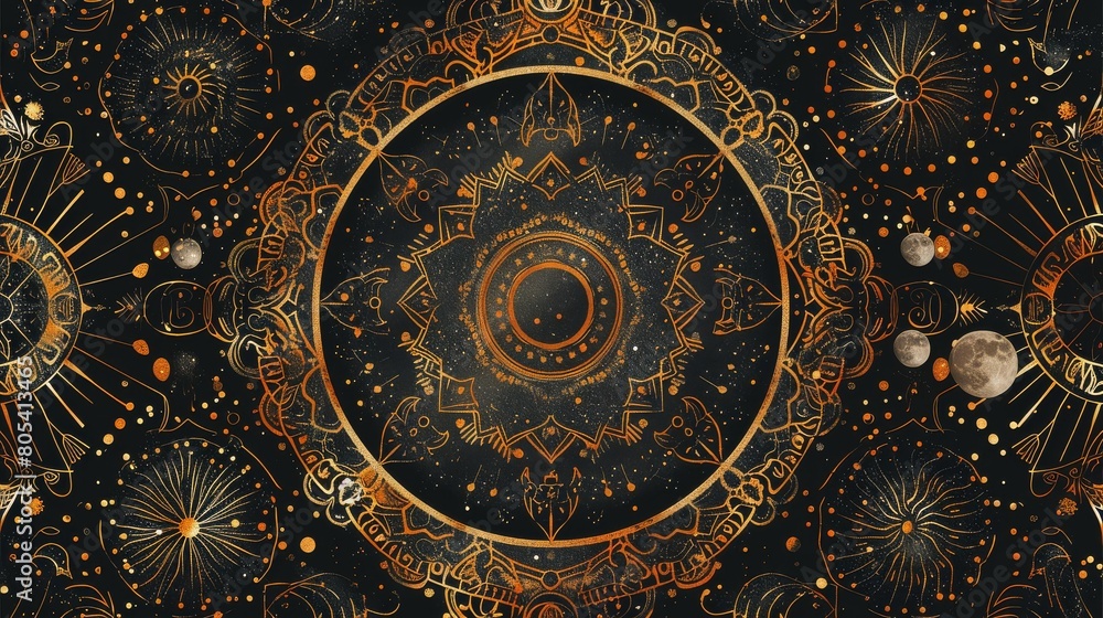 Cosmic mandala with celestial bodies on a starry background