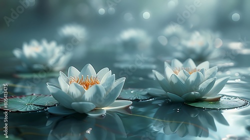 A close-up of abstract lotus flowers crafted in soft aqua tones  floating ethereally on a glassy  water-like surface.