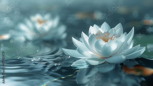 A close-up of abstract lotus flowers crafted in soft aqua tones  floating ethereally on a glassy  water-like surface.