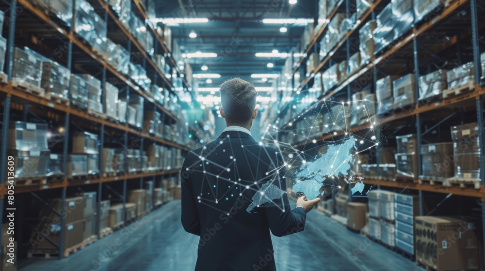 Businessman and global logistics network distribution and transportation, Smart logistics, Innovation future of transportation on large warehouse center . Businessman and global logistics network distribution and transportation, Smart logistics, Innovation future of transportation on large warehouse center .