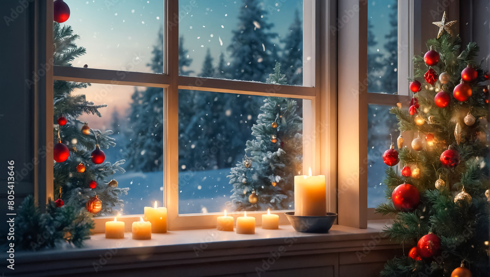 Window sill with Christmas balls, candles, Christmas tree living room