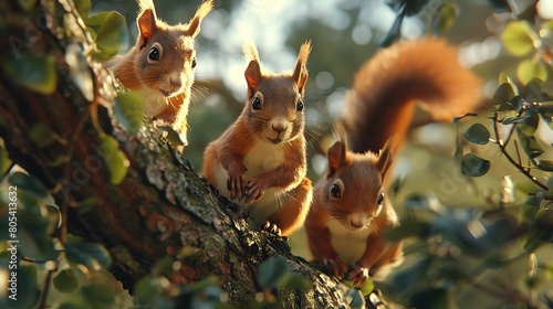 A family of red squirrels frolicking among the branches of an oak tree, their bushy tails twitching with excitement photo