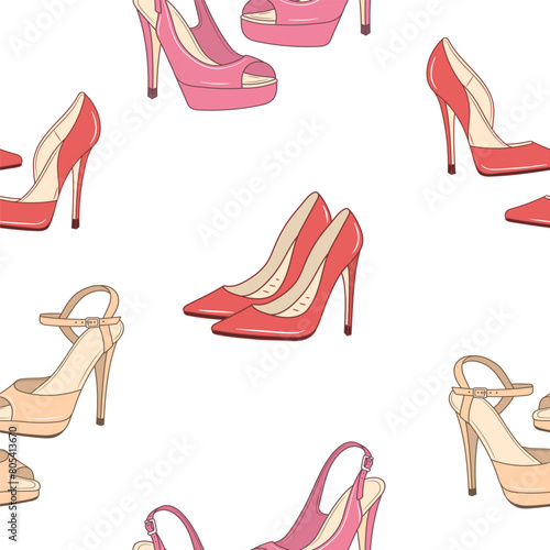 Collection of women's shoes, vector seamless pattern background