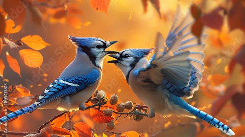 A pair of blue jays squabbling over the last remaining nuts on a nut tree, their vibrant feathers ruffled in the breeze photo