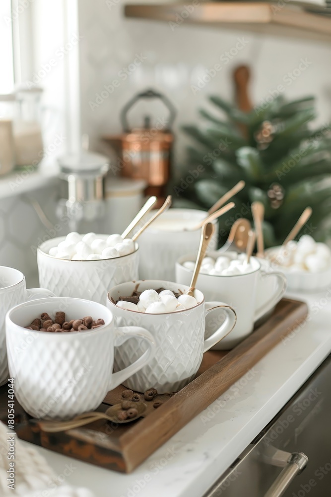 A modern hot cocoa station in your kitchen with sleek mugs A modern hot cocoa station in your kitchen with sleek mugs