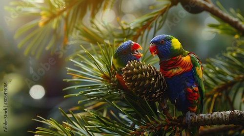 A pair of parrots squawking loudly as they feast on the seeds of a pine cone, their colorful feathers a striking contrast against the green needles