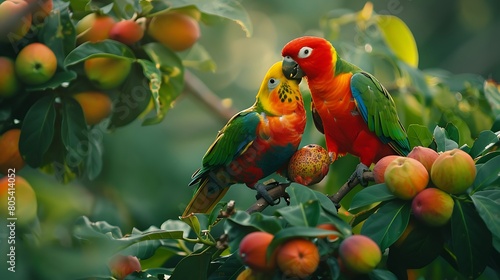A pair of parrots squabbling over the last remaining guava on a tree heavy with fruit photo