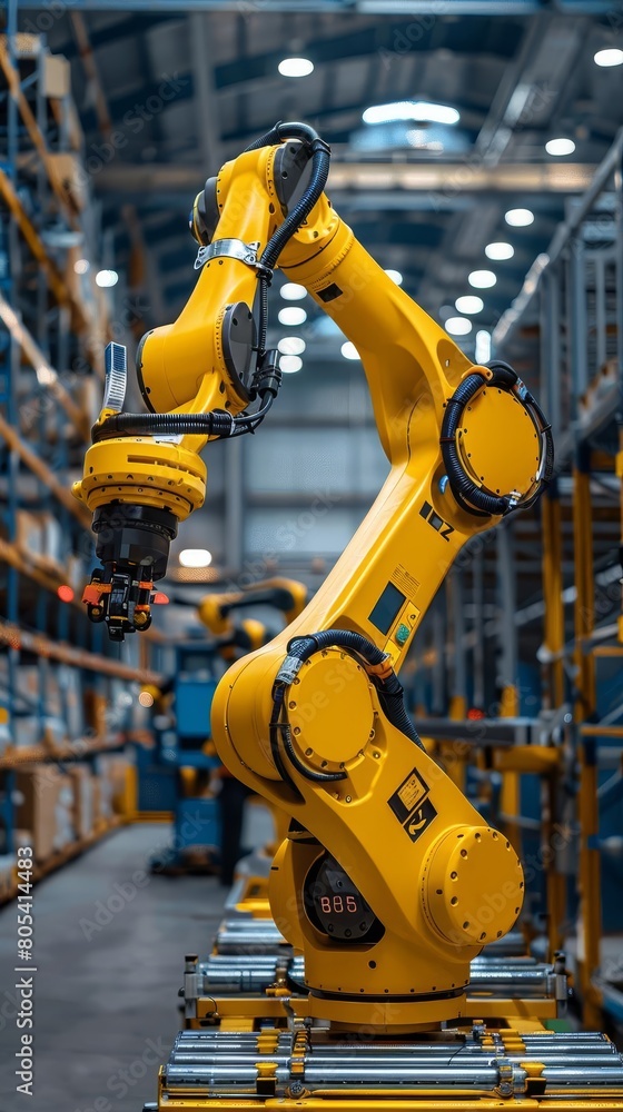 Fototapeta premium Engineer check and control automation robot arms machine in 10modern warehouse industrial on real time monitoring system software product inspection robotics Network Logistics and