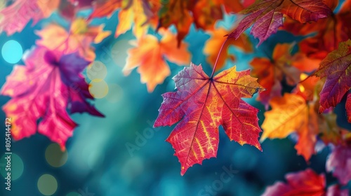 A vivid display of autumn maple leaves with a captivating bokeh effect in the background  radiating the essence of fall