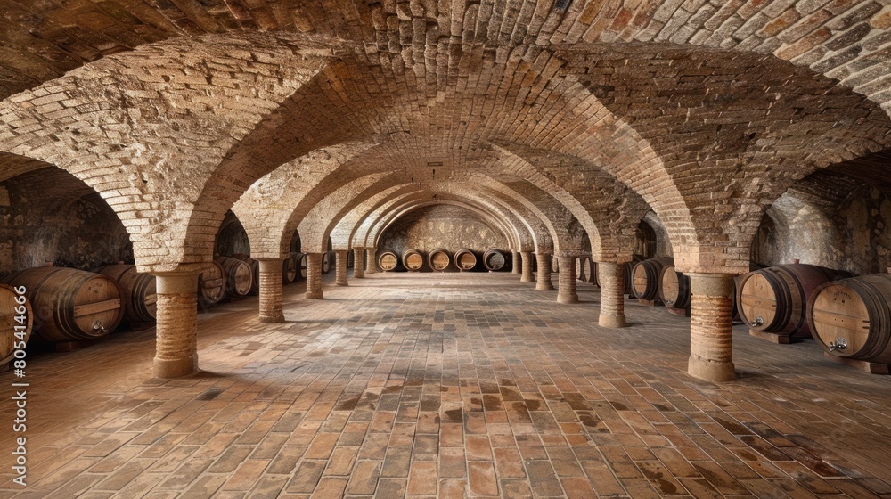 Historical wine cellar lined with wooden barrels