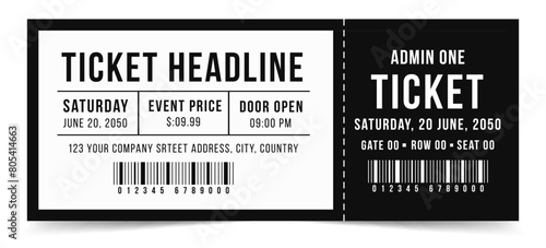Simple ticket, Black and White, Template minimal design for entertainment show, event, boarding pass, cinema, theatre and concert. Vector illustration