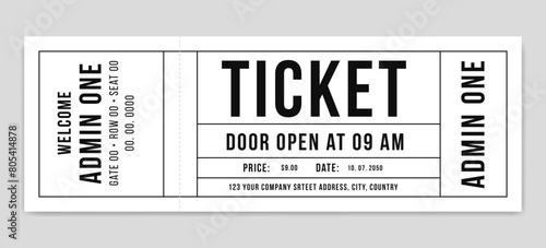 Creative ticket isolated on white background. Retro black paper coupon for event, discount voucher coupon, Concert, movie, raffle, carnival blank pass,  photo