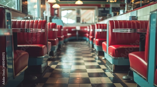Vintage diner interior with checkered floors and red vinyl booths, embodying classic American design. © Ahmad