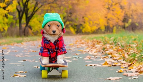 A silly cute puppy dressed in a flannel shirt and beanie cap skateboards down a path in a park on an autumn day in the fall weather.